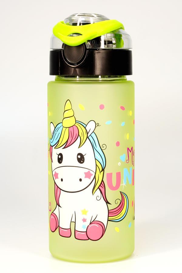 Çocuk Su Matarası Tritan Pipetli Su Şişesi Geniş Ağız Unicorn Okul Suluğu BPAsız 500mL Yeşil T0108 - Image 1