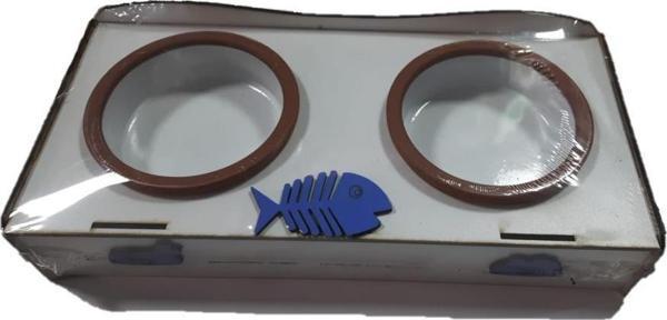 Petmamacı Patte Balıklı Güveç Kaseli Ahşap İkili Mama Standı 36*15*6 Cm BEYAZ - Image 1