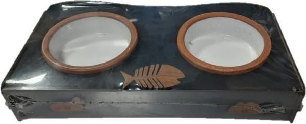 Petmamacı Patte Balıklı Güveç Kaseli Ahşap İkili Mama Standı 36*15*6 Cm SİYAH - Image 1
