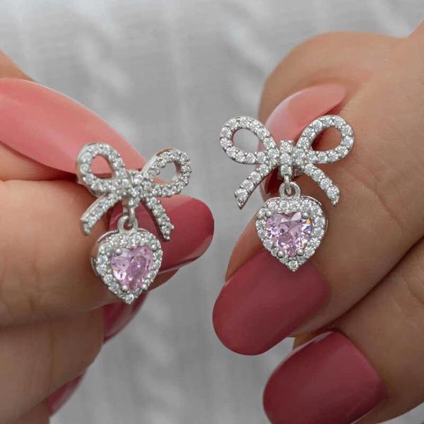 Supertrend Gümüş Fiyonk Pembe Taşlı Kalpli Çivili Kadın Küpe - Image 1