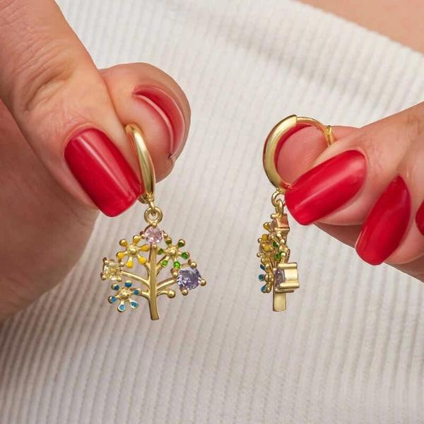 Supertrend Gümüş Gold Renkli Taşlı Hayat Ağacı Kadın Küpe - Image 1