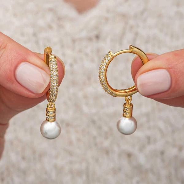 Supertrend Gümüş Zirkon Taşlı Gold Halka İnci Küpe - Image 1