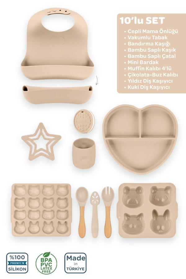 Moki Silikon 10'Lu Set Latte Bej / Önlük, Tabak, Kaşık, Çatal, Bardak, Diş Kaşıyıcı, Buz Kalıbı... - Image 1