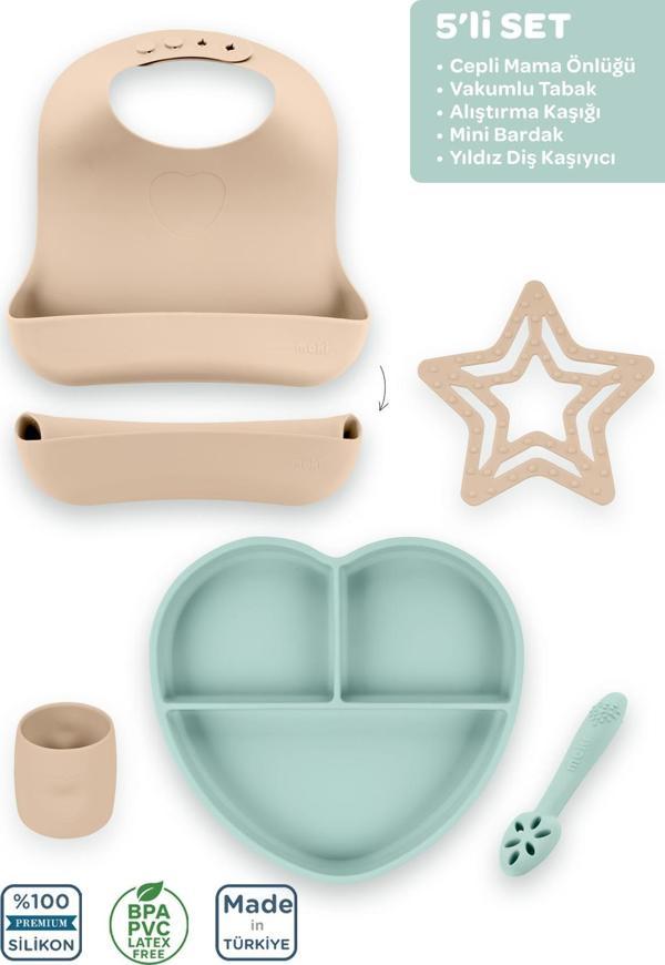 Moki Silikon 5'Li Set Latte Bej-Spring Yeşil / Önlük, Tabak, Bandırma Kaşığı, Bardak, Diş Kaşıyıcı - Image 1