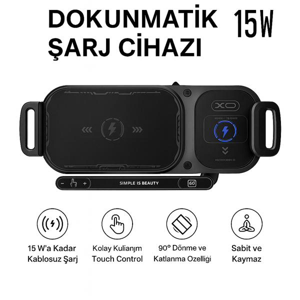 15W Araç İçi Kablosuz Şarj Cihazı ve Telefon Tutucu –  90° Döner Katlanabilir Telefonlara Uyumlu - Image 1