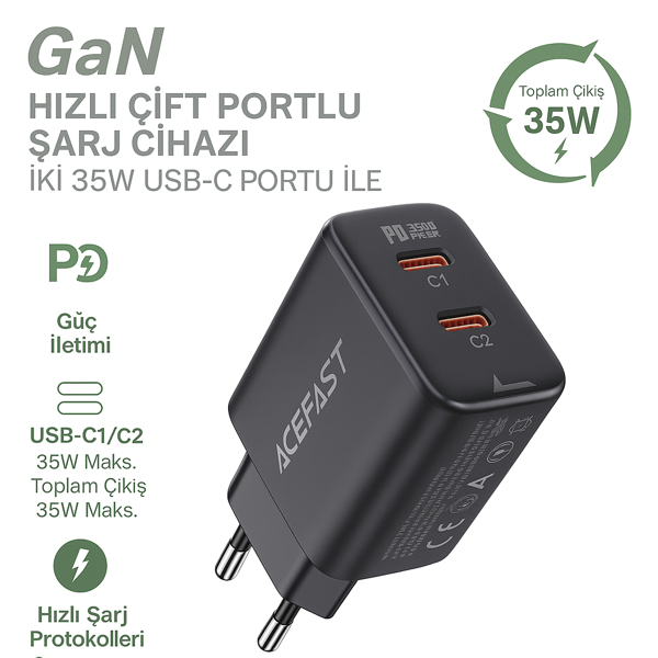 35W GaN Çift USB-C Portlu Süper Hızlı Şarj Cihazı – PD Destekli Akıllı Çip Teknolojili - Image 1