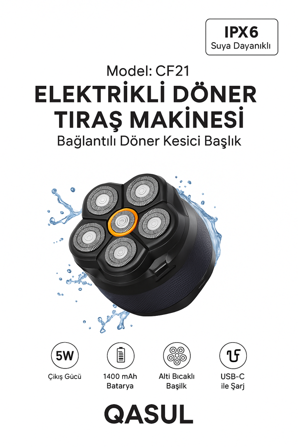 Elektrikli Döner Başlıklı Saç ve Sakal Tıraş Makinesi , IPX6 Su Geçirmez 240 Dakika Kullanım  - Image 1