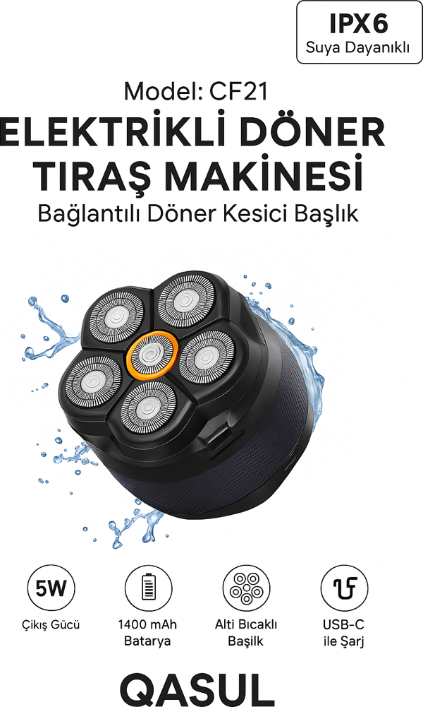 Elektrikli Döner Başlıklı Saç ve Sakal Tıraş Makinesi , IPX6 Su Geçirmez 240 Dakika Kullanım  - Image 1