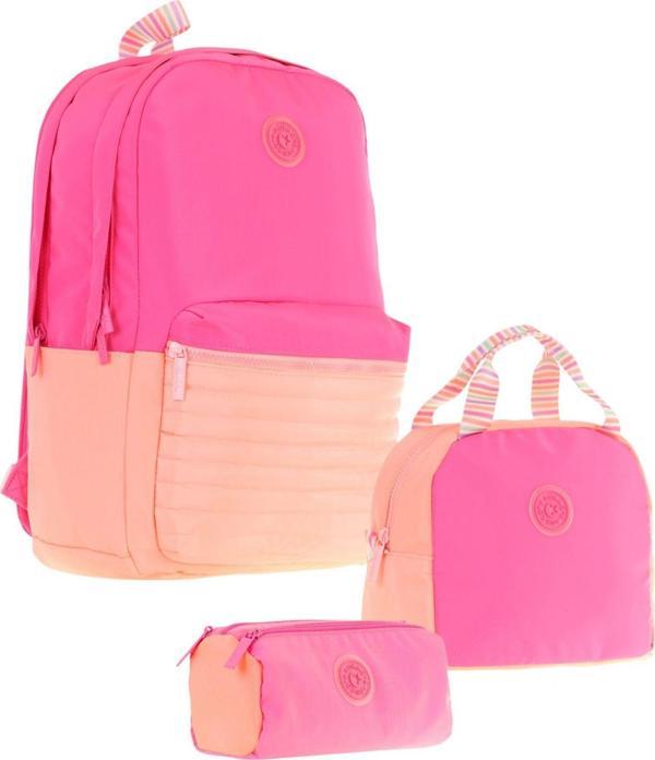 Kaukko Quick Üçlü Kız Çocuk Okul Çanta Seti - Pembe Turuncu - Kapitone Detaylı - Image 1