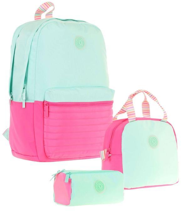 Kaukko Quick Üçlü Kız Çocuk Okul Çanta Seti - Yeşil Pembe - Kapitone Detaylı - Image 1