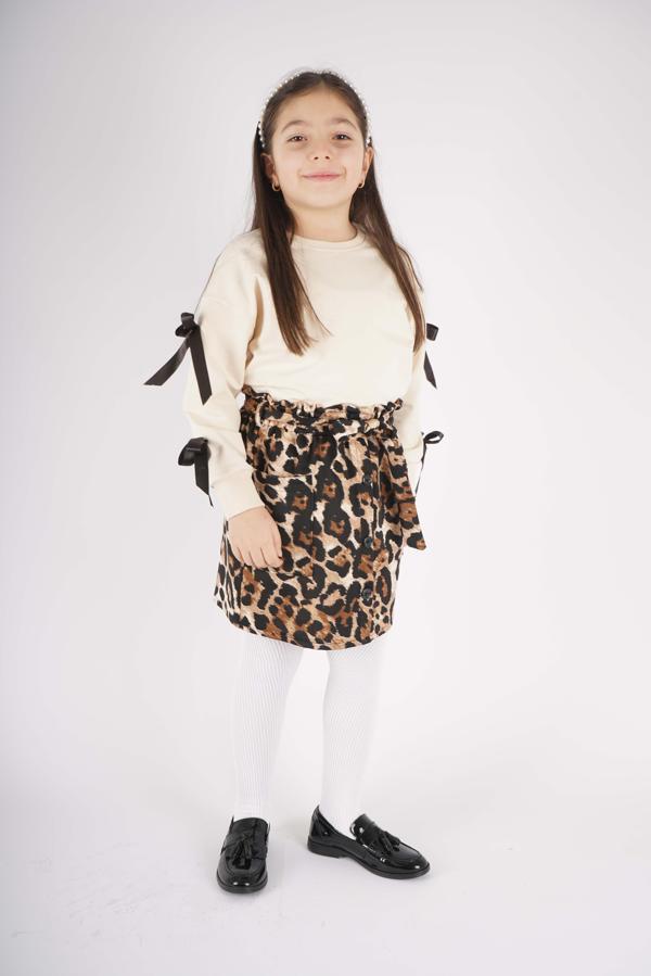 KIZ ÇOCUK LEOPAR CEP MODEL ETEKLİ KOL DETAYLI TAKIM - Image 1