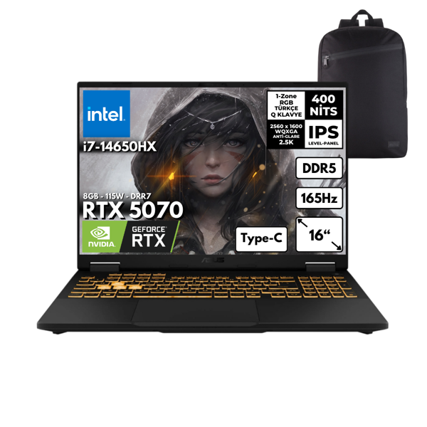 Asus Tuf F16 I7-14650HX 32-GBDDR5 2 TBSSD RTX5070 (8GB-115W-GDRR7) 16" WQXGA 165Hz Freedos + HMF Sırt Çantası FX608JPR-QT070HMF5 - Image 1