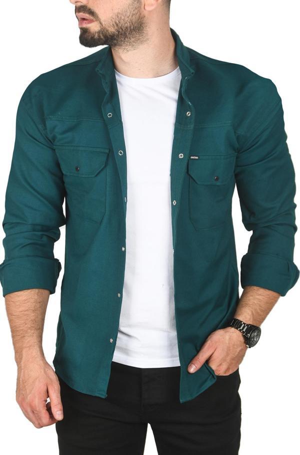 DeepSEA Erkek Yeşil Büyük Beden Pamuklu Likralı Spor Gömlek – Dar Kalıp, Çıt Çıt Kapamalı 2500423 - Image 1