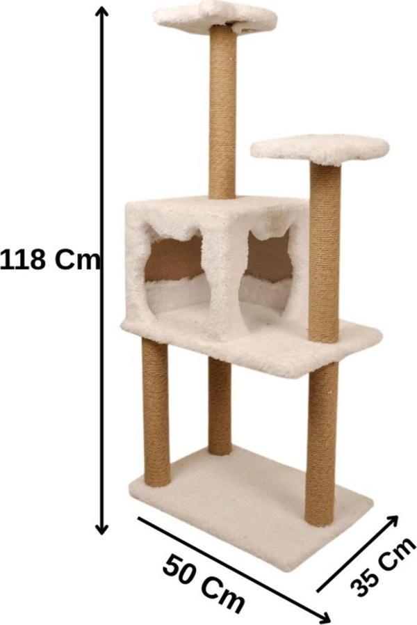Pribor Üç Katlı Yuvalı Lüx Kedi Tırmalama Platformu ve Kedi Oyun Evi Beyaz 118 cm - Image 1