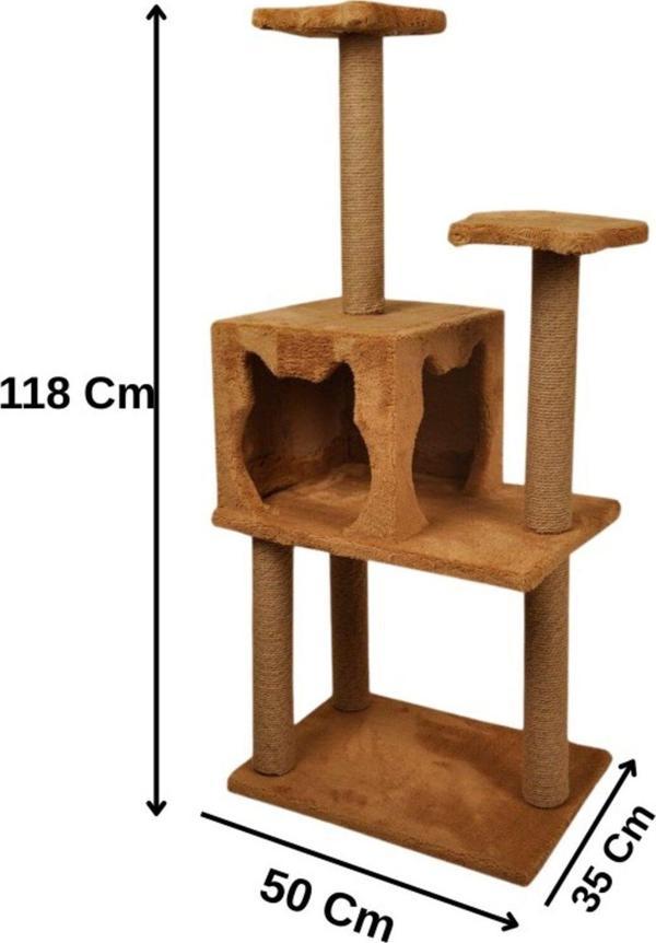 Pribor Üç Katlı Yuvalı Lüx Kedi Tırmalama Platformu ve Kedi Oyun Evi Kahverengi 118 cm - Image 1