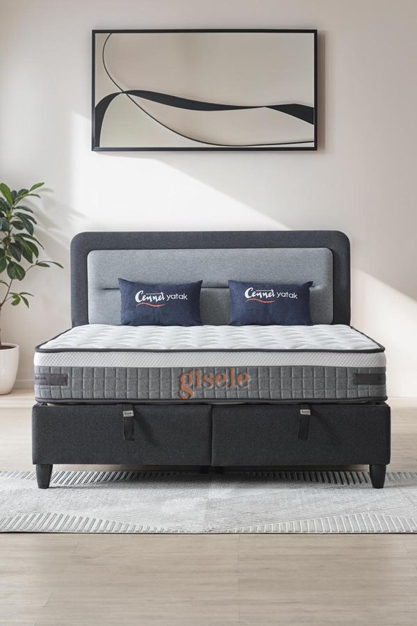 Gisela Modeli Full Ortopedik Çift Kişilik Pedli Yataklı Baza ve Başlık Takımı 3 lü Set - Image 1