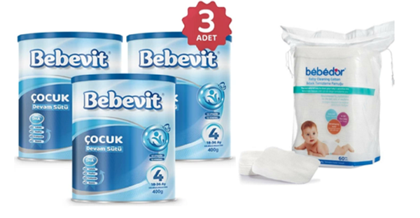 Bebevit 4 Bebek Devam Sütü 400 gr 3 ADET + Bebedor Bebek Temizleme Pamuğu 60'lı - Image 1