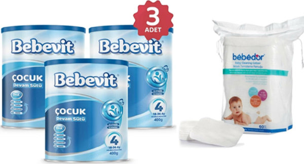Bebevit 4 Bebek Devam Sütü 400 gr 3 ADET + Bebedor Bebek Temizleme Pamuğu 60'lı - Image 1