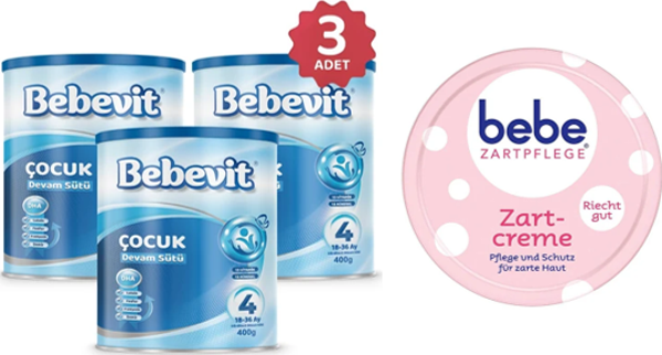 Bebevit 4 Bebek Devam Sütü 400 gr 3 ADET + Bebe Zartpflege Baby/Kids Hassas Bakim Cilt Kremi 50Ml - Image 1