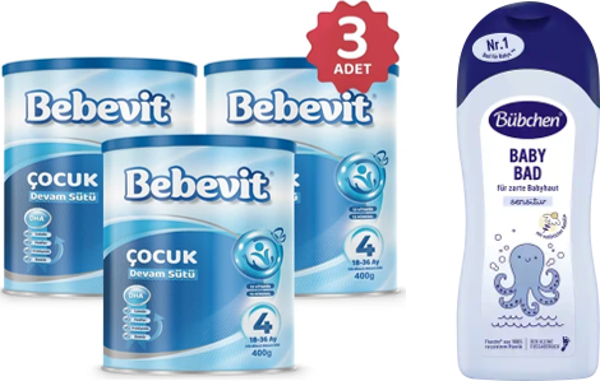 Bebevit 4 Bebek Devam Sütü 400 gr 3 ADET+Bübchen Bebek Yikama Banyo Köpüğü Kamille Sensitive 1000Ml - Image 1