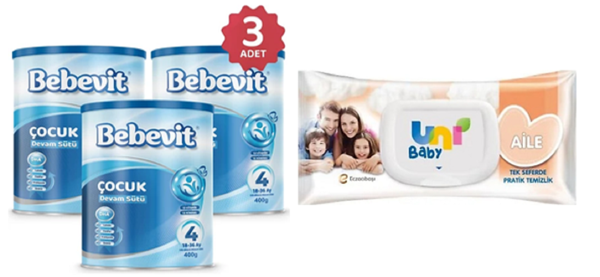 Bebevit 4 Bebek Devam Sütü 400 gr 3 ADET + Uni Baby Aile Islak Mendil 90 Lı 1 ADET - Image 1