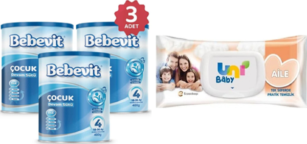 Bebevit 4 Bebek Devam Sütü 400 gr 3 ADET + Uni Baby Aile Islak Mendil 90 Lı 1 ADET - Image 1