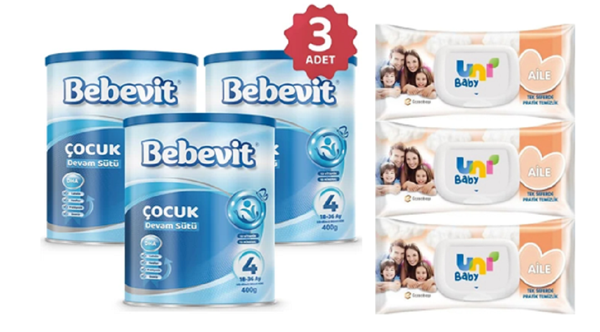 Bebevit 4 Bebek Devam Sütü 400 gr 3 ADET + Uni Baby Aile Islak Mendil 90 Lı 3 ADET - Image 1