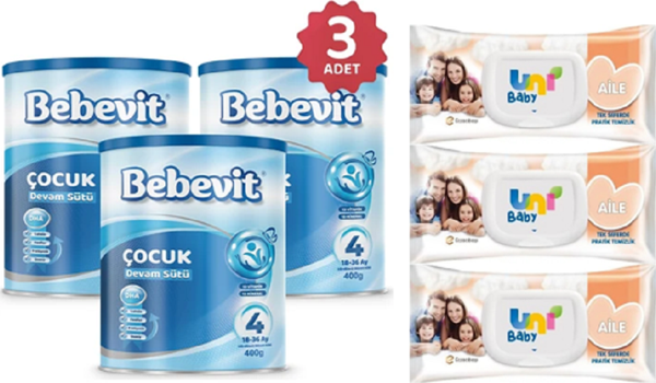 Bebevit 4 Bebek Devam Sütü 400 gr 3 ADET + Uni Baby Aile Islak Mendil 90 Lı 3 ADET - Image 1