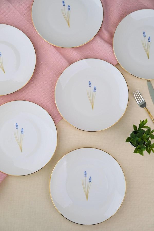 Tabak Evi Porselen Natura Lavanta Altın Yaldız Pasta Tabağı 20,50cm 6 lı - Image 1