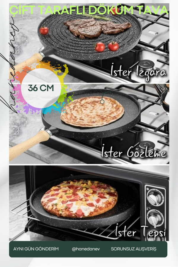 Çift Taraflı Granit Döküm Bazlama Gözleme Izgara Tava Fırında Izgara Börek Tavası 36 Cm Büyük Boy - Image 1