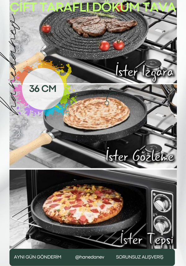 Çift Taraflı Granit Döküm Bazlama Gözleme Izgara Tava Fırında Izgara Börek Tavası 36 Cm Büyük Boy - Image 1