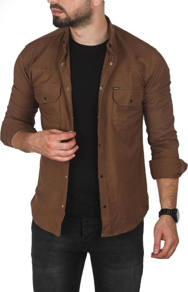 DeepSEA Erkek Kahve Büyük Beden Pamuklu Likralı Spor Gömlek – Dar Kalıp, Çıt Çıt Kapamalı 2500423 - Image 1