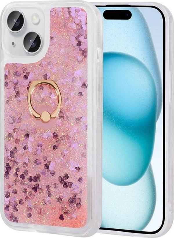Apple iPhone 15 Kılıf Sıvılı Simli Pullu Yüzüklü Standlı Lüx Silikon - Image 1