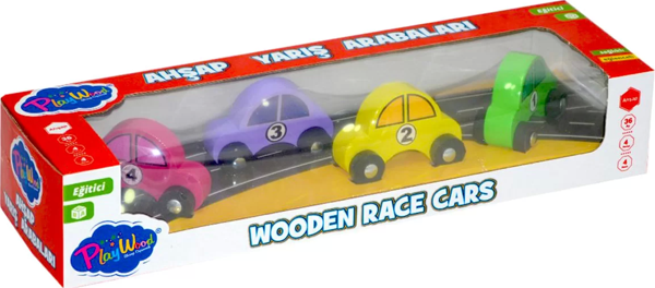 Playwood Ahşap Yarış Arabası 4'lü Paket Kız Erkek Çocuk Oyuncak Eğitici Oyuncaklar - Image 1