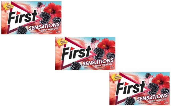 First Sensations Berry Hibiscus Böğürtlen ve Hibiskus Aromalı Şekersiz Tatlandırıcılı Sakız - 3'lü Paket - Image 1