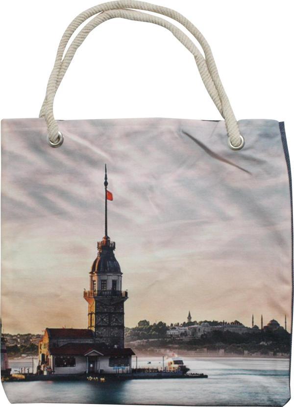 Bez Çanta Plaj Çantası Alışveriş Bez Torbası İpli Dijital Baskı Kız Kulesi Krm25 - Image 1
