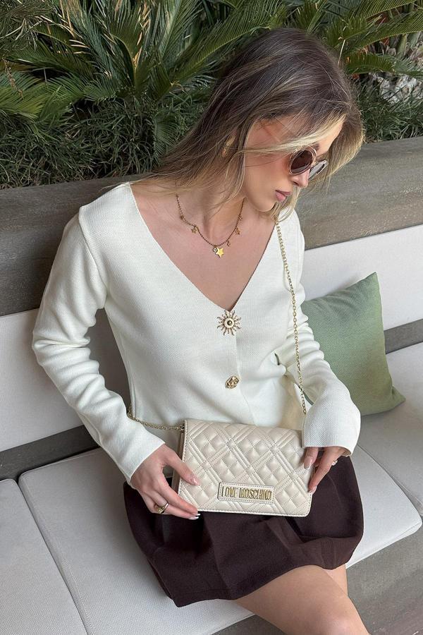 Lela Premium Regular Fit V Yaka Düğmeli Triko Bayan Hırka 680HI00121 EKRU - Image 1