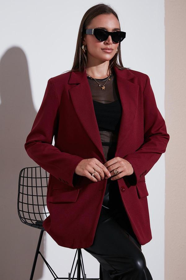 Lela Relaxed Fit Mono Yaka Cepli Blazer Bayan Ceket 611BC00132 BORDO - Image 1