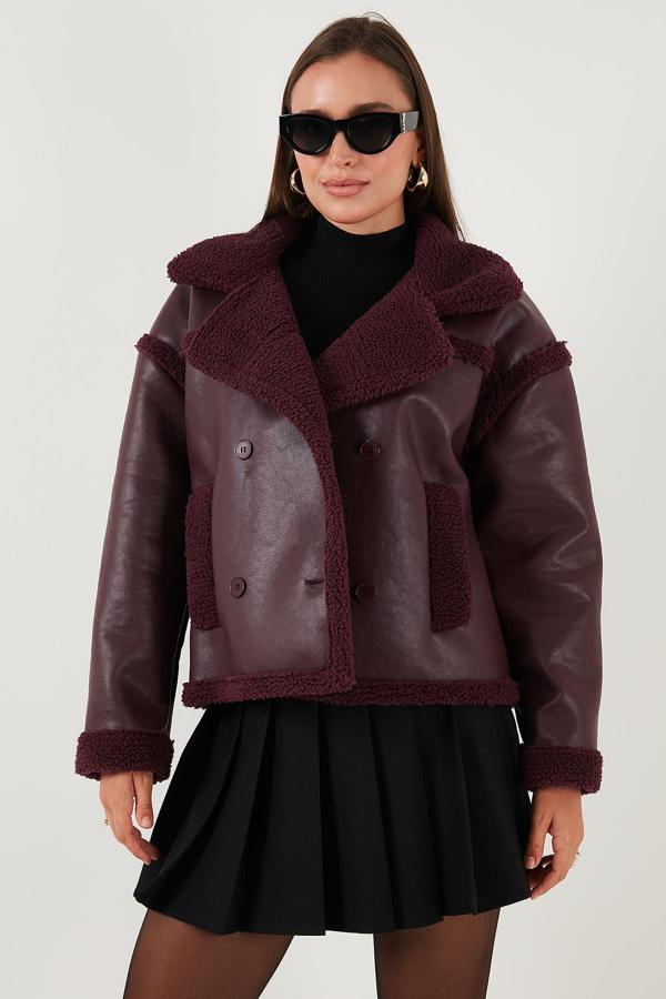 Lela Oversize Kruvaze Yaka Peluş Detaylı Suni Deri Biker Ceket Bayan Mont 6810247 BORDO - Image 1