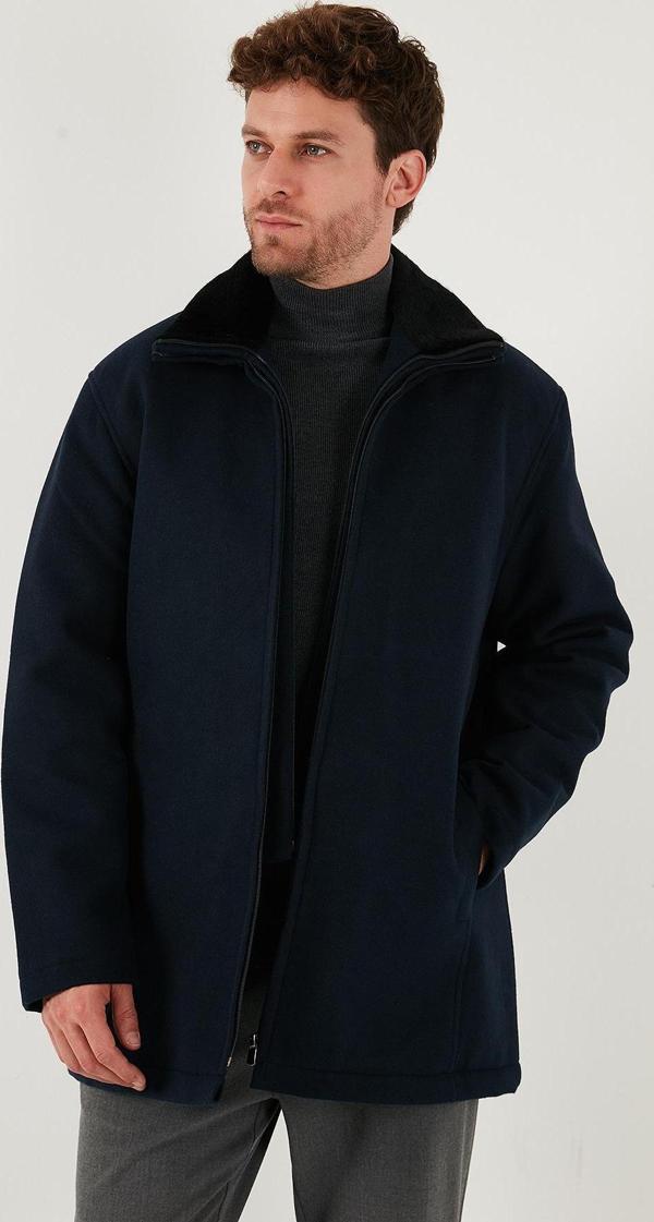 Buratti Slim Fit Çıkarılabilir Tüylü Yaka Detaylı Astarlı Kaşe Erkek Kaban 58400217 LACİVERT - Image 1