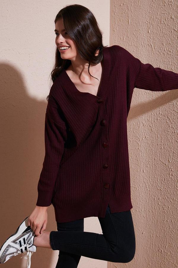 Lela V Yaka Düğmeli Uzun Triko Bayan Hırka 4616040Y BORDO - Image 1