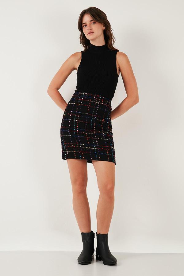 Lela Tüvit Desenli Slim Fit Yüksek Bel Mini Boy Bayan Etek 5866436 SİYAH - Image 1