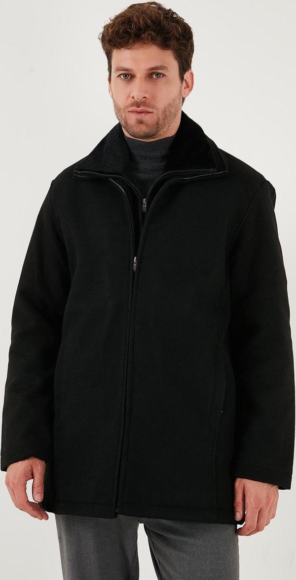 Buratti Slim Fit Çıkarılabilir Tüylü Yaka Detaylı Astarlı Kaşe Erkek Kaban 58400217 SİYAH - Image 1