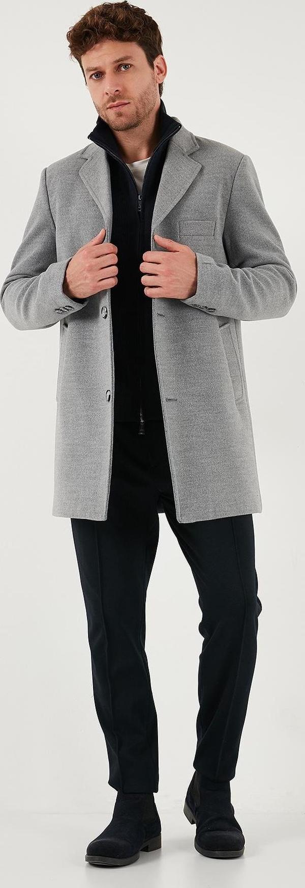 Buratti Slim Fit Tek Yırtmaçlı Düğmeli Mono Yaka Kaşe Erkek Kaban 5840098 GRİ - Image 1