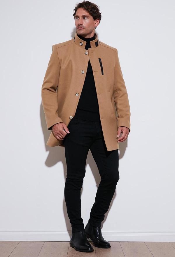 Buratti Slim Fit Düğmeli Dik Yaka Kaşe Erkek Kaban 5840099 CAMEL - Image 1