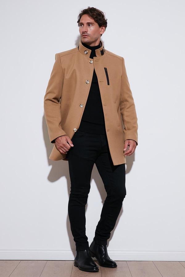 Buratti Slim Fit Düğmeli Dik Yaka Kaşe Erkek Kaban 5840099 CAMEL - Image 1