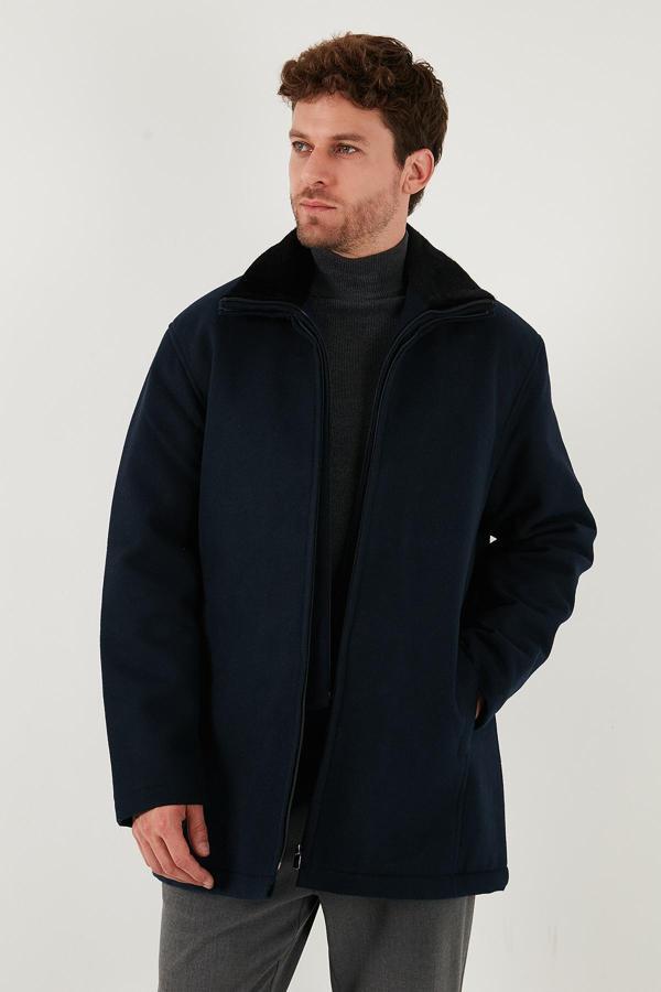 Buratti Slim Fit Çıkarılabilir Tüylü Yaka Detaylı Astarlı Kaşe Erkek Kaban 58400217 LACİVERT - Image 1