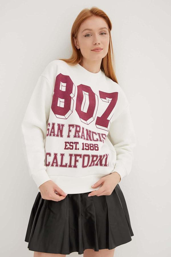 Fashion Friends Pamuklu Oversize Bisiklet Yaka Baskılı Bayan Sweat 24K0340K1 EKRU - Image 1
