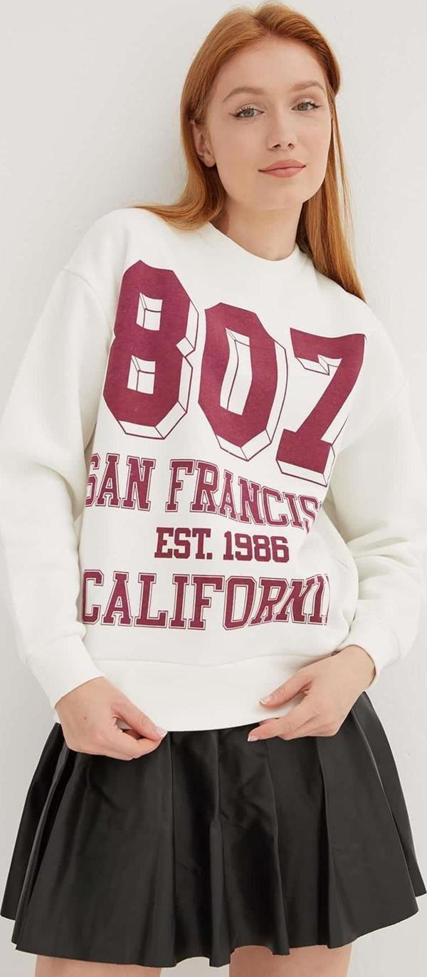 Fashion Friends Pamuklu Oversize Bisiklet Yaka Baskılı Bayan Sweat 24K0340K1 EKRU - Image 1