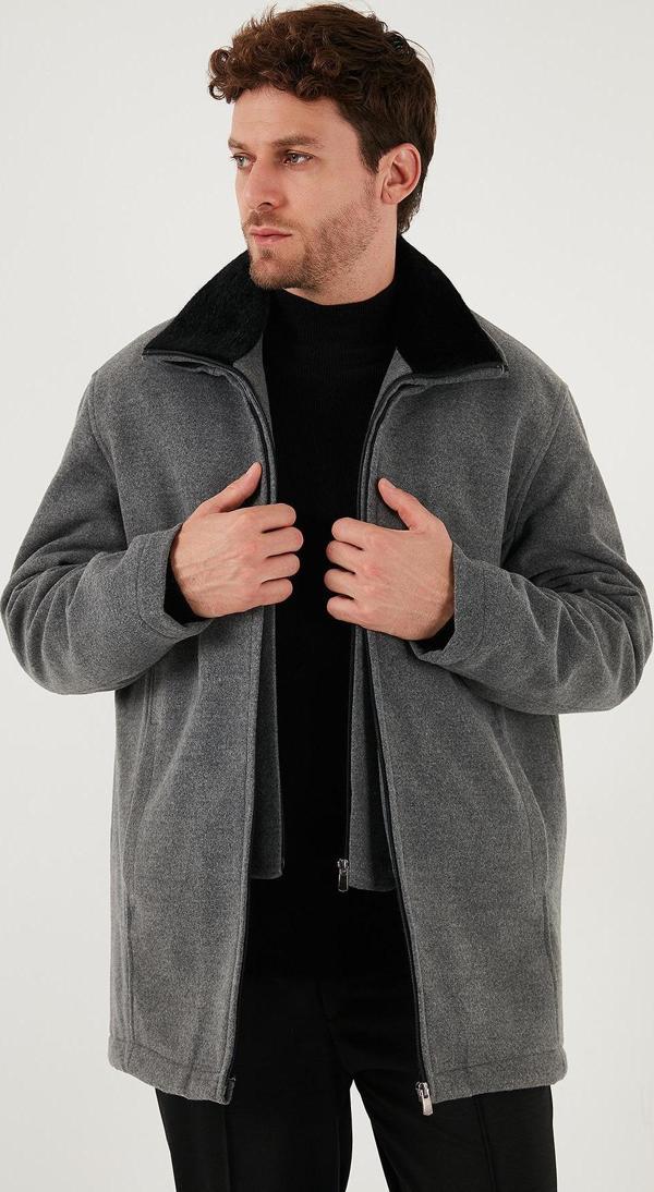 Buratti Slim Fit Çıkarılabilir Tüylü Yaka Detaylı Astarlı Kaşe Erkek Kaban 58400217 AÇIK GRİ - Image 1